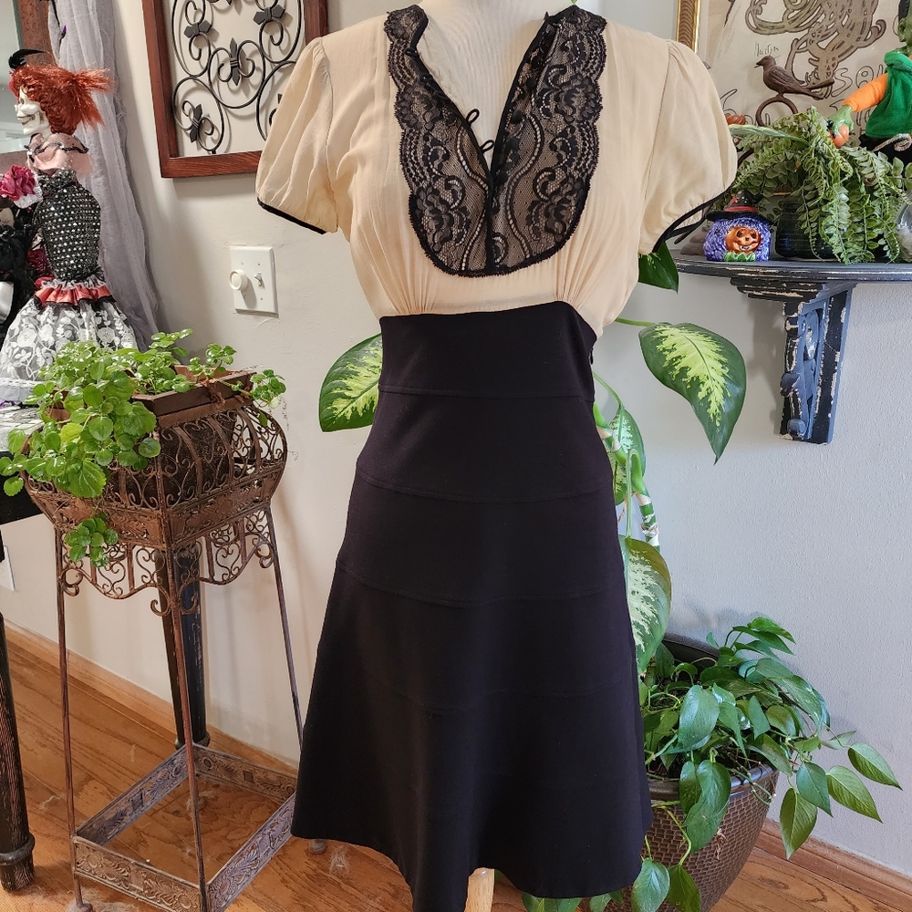 BCBGMaxAzria Silk Cotton Black Lace & Sheer Cream Dress